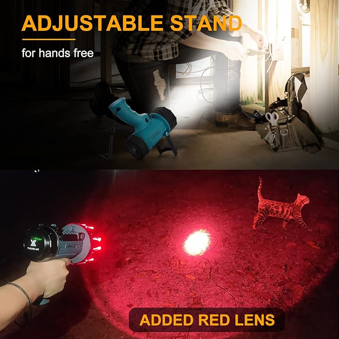 YIERBLUE Rechargeable Spotlight Floodlight Combo High High Lumen LED, IP67 Waterproof Spot Light COB Flood Light, Impact Resistant Handheld Spotlight with Foldable Stand and Detachable Red Lens