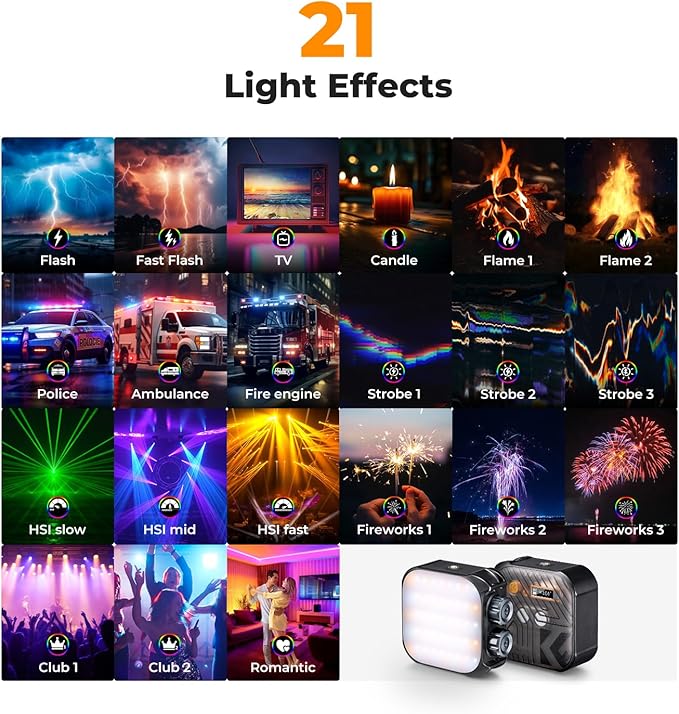 K&F CONCEPT RGB Video Light, 360° Full Color Portable Photography Light, LED Camera Light w 21 Light Effects, 2500K-9900K CRI 96+, 2000mAh Rechargeable Photography Lighting for Vlogging, Selfie, Black