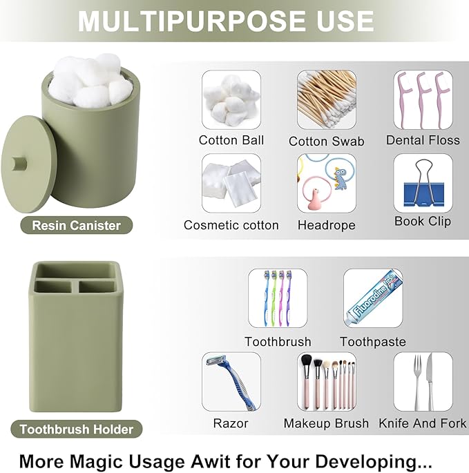 Resin 6 Pcs Green Bathroom Set Complete with Toothbrush Holder, Lotion Soap Dispenser, 2 Qtip Holder Dispensers,Vanity Tray,Bathroom Tumbler - Countertop Vanity Organizer - Bathroom Accessories