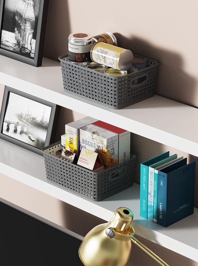 WYT Weave Storage Organizer Baskets, Grey 6-Pack Plastic Woven Baskets, 10.1" x 7.55" x 4.1"