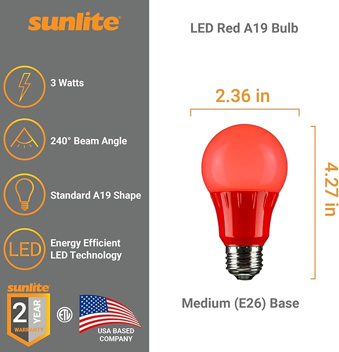 Sunlite 40454 LED A19 Colored Light Bulb, 3 Watts (25w Equivalent), E26 Medium Base, Non-Dimmable, UL Listed, Party Decoration, Holiday Lighting, 3 Count, Red
