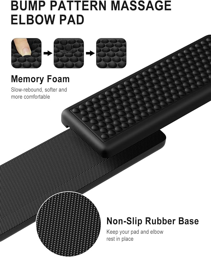 Hsurbtra L-Shaped Desk Elbow Pad, 2-Piece Soft Memory Foam Elbow Support Padding with Non-Slip Rubber Base, Ergonomic Desk Edge Cushion Wrist Rest for Office, Home, Work, Gaming, Black