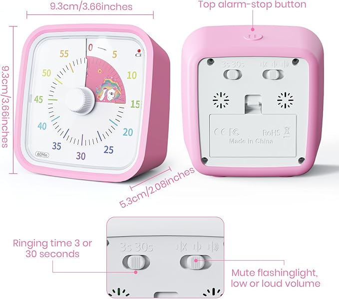 Yunbaoit Visual Timer with Protective Case, Unicorn Disk 60 Minute Countdown Timer for Kids and Adults, Silent Time Management Tool(Pink)