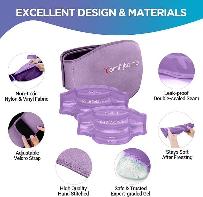Comfytemp Ice Pack for Back Pain Relief, 2 Packs, Reusable Gel Lower Back Wrap Ice Brace for Sciatica Injuries, Hot Cold Compression for Lower Lumbar, Waist, Men Women Surgery Get Well Gifts (Purple)