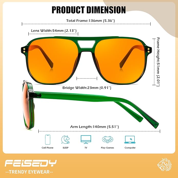 FEISEDY Amber Blue Light Glasses for Computer Gaming Anti Eyestrain Sleep Glasses G2835