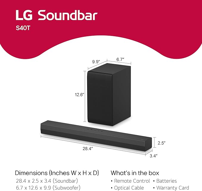 LG S40T 2.1 ch.Soundbar with Wireless Subwoofer, TV Synergy, Wow Interface, AI Sound Pro (2024 New Model)