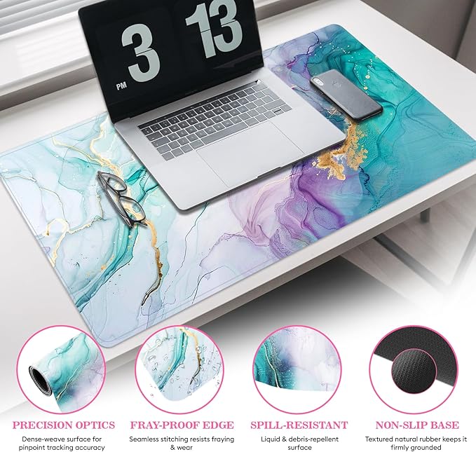 Long Mouse Pad XXL,Ergonomic Desk Mat Gaming Set,Keyboard Wrist Support Rest Mouse Pad Suitable for Office and Home (XXL Green Marble Set)