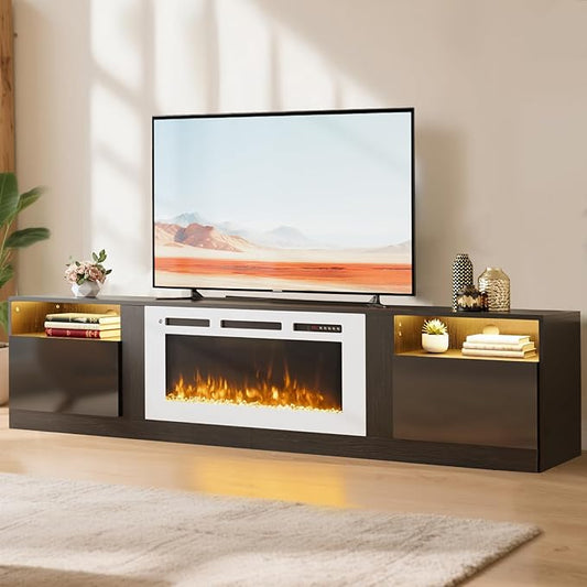 80” TV Stand with 36” Electric Fireplace, Large Modern Media Entertainment Center with Storage Cabinet and 12 Colors LED Lights for TVs Up to 90",Black & White