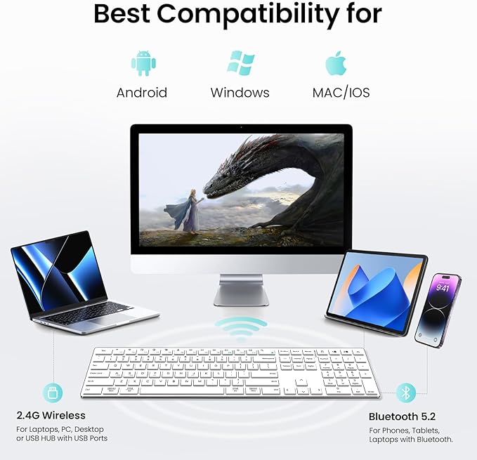 TIETI 2.4G Wireless Bluetooth Keyboard Rechargeable, Stainless Steel Ultra Slim Full Size Keyboard with Numeric Keypad Low Profile Silent Cordless Keyboards for Computer/Mac/Windows