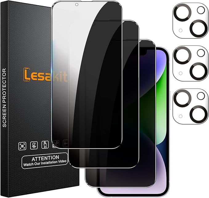 3+3 Pack Privacy Screen Protector for iPhone 14 Plus 6.7-Inch with 3 Pack Camera Lens Protector, Anti Spy Tempered Glass Film 9H Hardness Bubble Free Case Friendly