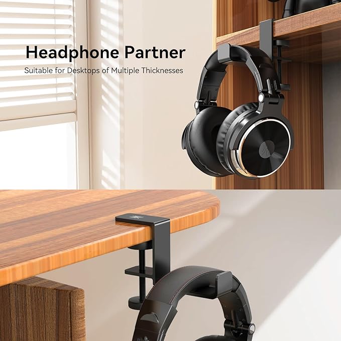 OneOdio MTL99 Foldable Headphone Stand, Metal Headset Holder Space-Saving Table Hook, Clamp-on Under Desk Hanger, Universal Fit Gaming Headphones Mount, Black