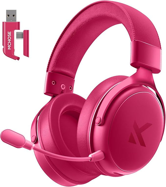 MCHOSE V9 PRO Wireless Gaming Headset 7.1 Surround Sound for PS5 PS4 PC Switch TOPSPEED Gaming Headphones, Noise Canceling Mic, 250Hr Battery, Low 15ms Latency, Lightweight, BT 5.3 FPS Games Rose&Red