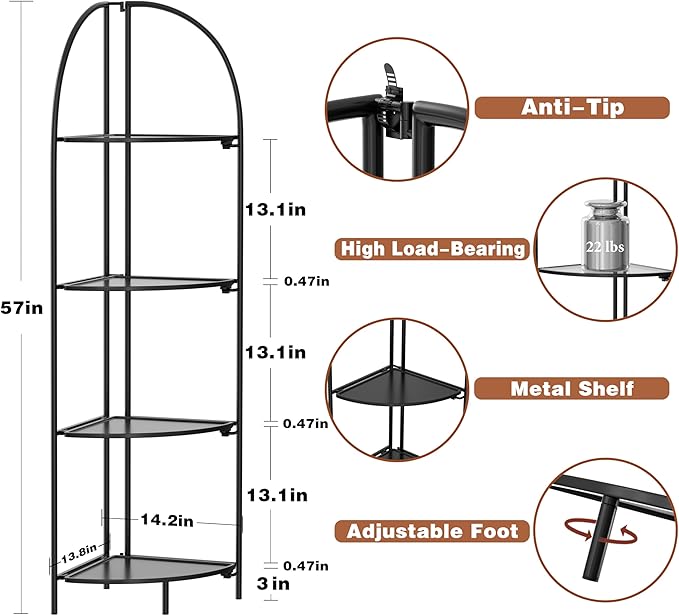 Crofy Foldable 4 Tier Corner Shelf, Metal Corner Plant Stand with Black Frame and Black Shelves, Corner Display Rack Multipurpose Shelving Unit for Living Room, Bedroom, Bathroom