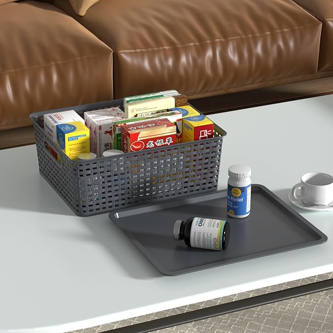 Hespama 6 Pack Plastic Woven Baskets, Stackable Storage Basket with Lid, Dark Grey