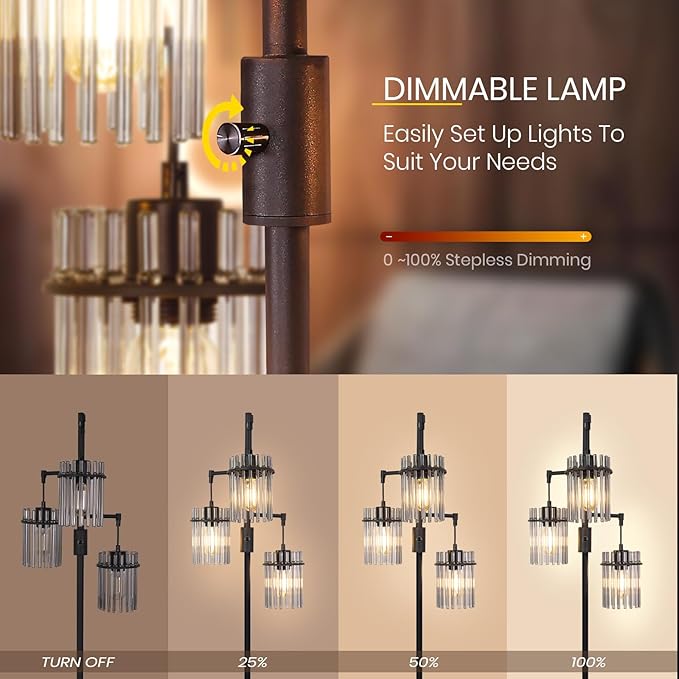 Industrial Floor Lamps for Living Room, Dimmable Floor Lamp Modern Standing Lamps with Glass Lampshade, Rotary Switch, LED Bulbs, Tall Lamps for Bedroom, Office (3 Lampshades(66inch))