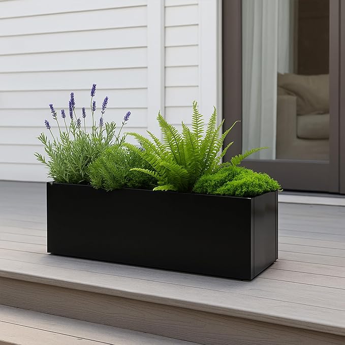 Kozyard 38”Lx15”Wx16”H Large Rectangular Planter Meta Planter for Indoor Outdoor All-Weather Use with Drainage Holes Removable Grow Liner Plants Flowers Shrubs