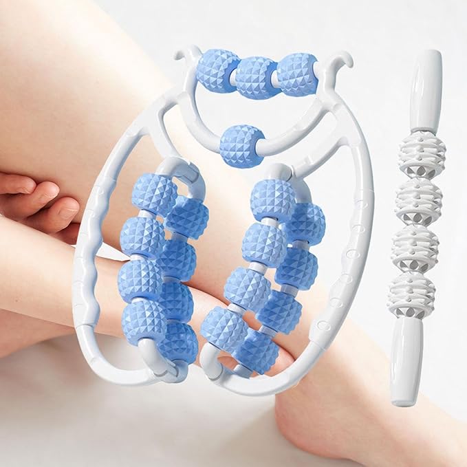 Colaxi 20 Wheels Massage Roller with Massage Stick Portable Multipurpose Flexible Handheld Roller for Back Shoulders Legs Thigh Arms, Blue