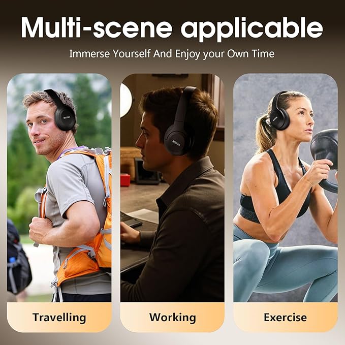 MZYMI Wireless Over Ear Bluetooth Headphones, 100H Playtime Active Noise Cancelling Headphone, Portable Foldable Headphone with Microphone for Work, Gym, Travel, Game, Black