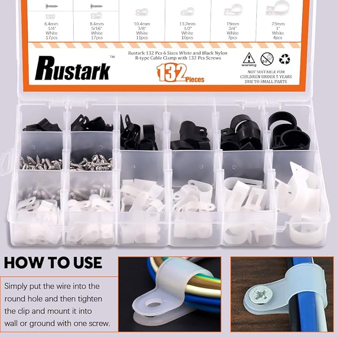 132 Pcs 6 Sizes White and Black Nylon R-Type Cable Clamp Cable Organizer Cord Fasteners Screw Mounting Electrical Grip Wire Clips with 132 Pcs Screws for Wire Management (Black and White)