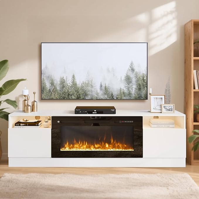 70" TV Stand with 36" Electric Fireplace, Large Modern Media Entertainment Center with Storage Cabinet and 12 Colors LED Lights for TVs Up to 80",White and Black