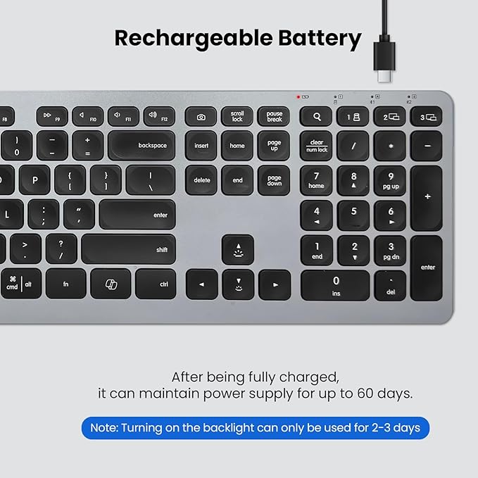 Wireless Keyboard, Bluetooth Keyboard with Leather Palm Rest, Backlighting, Multi-Device Pairing, USB C Rechargeable, for Windows, Mac, iOS, Android, Chrome, Office, Students, Long Hours Typing