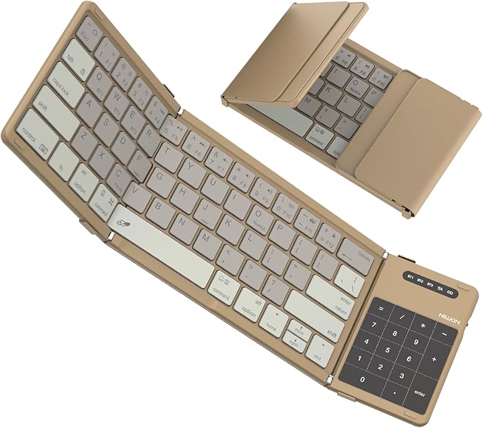 Nillkin Pocket Foldable Wireless BT Keyboard with Touchpad Number Pad for Study, Bussiness Trip, Travel Meeting for Tablet, Mobile Phone,Laptop, Full Size (Small) Keyboard (Khaki)