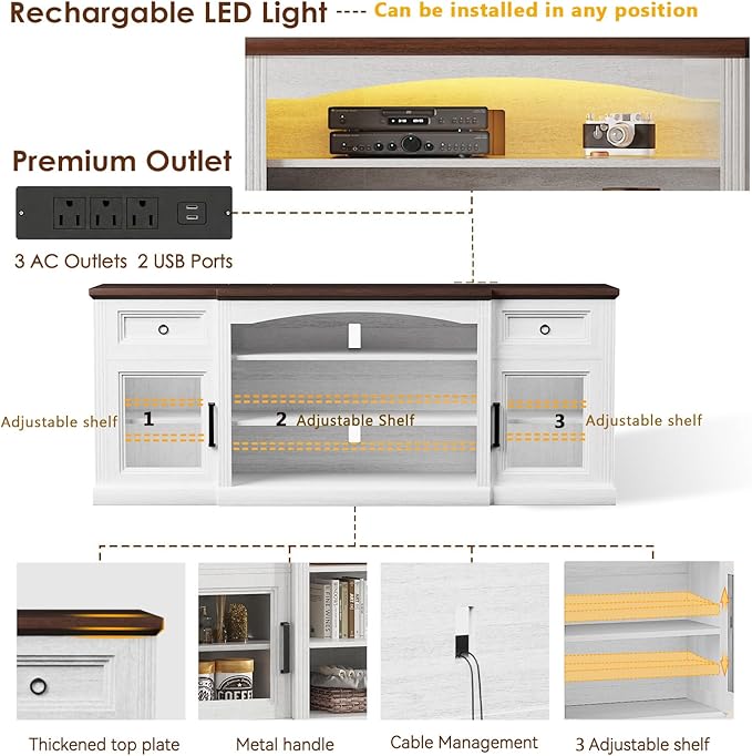 Farmhouse TV Stand, 70" Modern TV Stand with LED Lights & Outlet, 2 Drawers, Transparent Doors, Entertainment Center with Adjustable Shelves for Fireplace(36" Wx15 H), Antique White