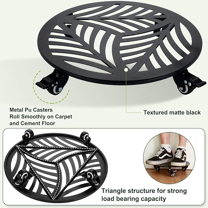 1 Pack 15 inches Extra-Large Metal Plant Caddy with Wheels Heavy-Duty Iron Rolling Plant Stand with Casters Indoor Outdoor Wheeled Plant Roller Base Pot Movers Plant Dolly Coaster Trolley Black