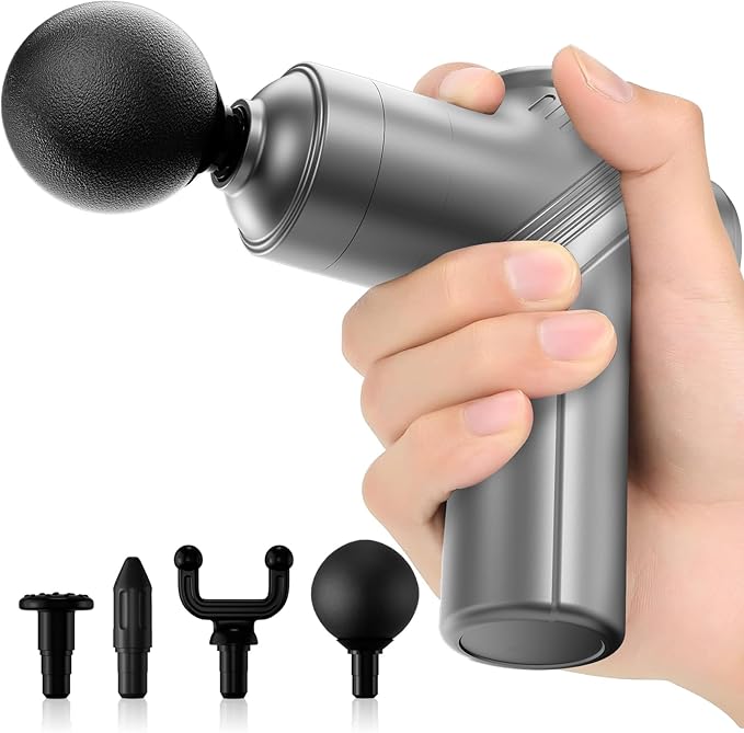 Massage Gun Deep Tissue，Portable Percussion Massager Gun for Athletes with 4 Massage Heads 6 Speeds for Fathers Day, Mother, Men, Women Holiday Gifts（Silver）