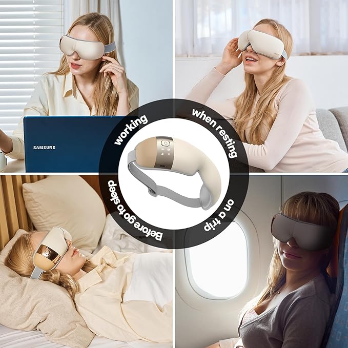 HuBDIC HubiCare Eye Massager with Heat, Vibration, and Music Helps Relieve Strain, Dark Circles, Dryness, and for Migraine Relief Relaxation and Better Sleep Gifts for Women/Men (Beige)