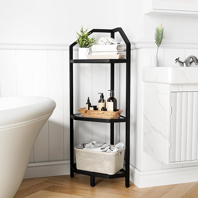 3-Tier Corner Shelf Stand, Black Corner Bookshelf, Bathroom Storage Rack Shelf, Plant Rack, Tempered Glass, Steel Frame, Modern Style for Living Room, Bathroom, Kitchen, Metallic Black