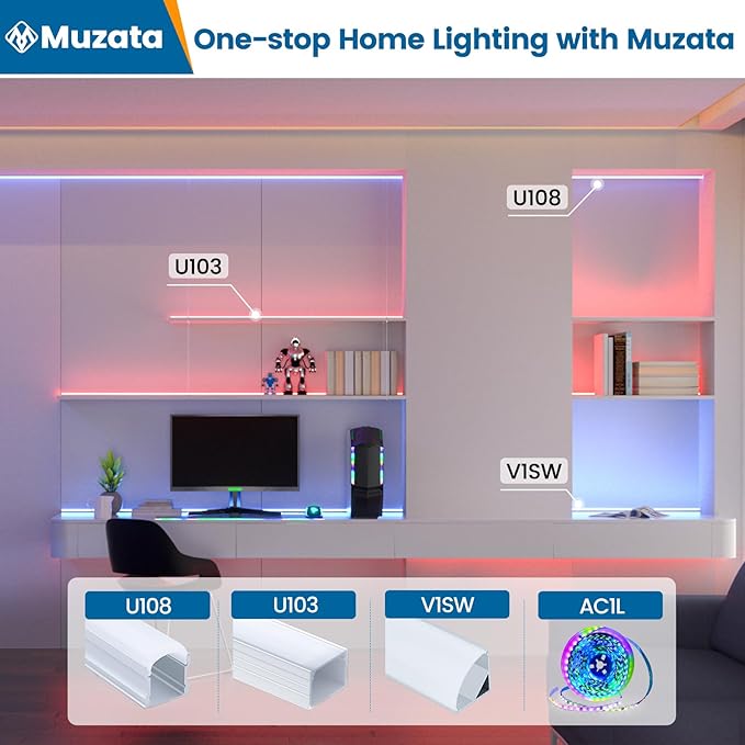 Muzata 10Pack 6.6FT/2M Plus-Size Spotless LED Channel Black LED Strip Diffuser Channel with Milky Frosted White Diffuser Cover U103 BW 2M