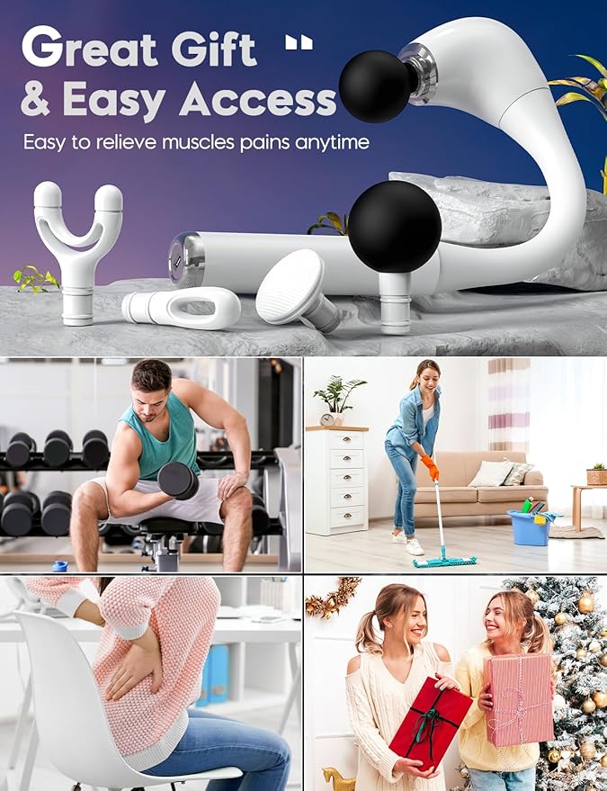 FVZ Massage Gun with Upgraded Extension Handle, 16MM Massage Gun Deep Tissue, Back Massager, Muscles/Neck/Shoulders/Waist/Legs Massager Portable for Pain Relief（White