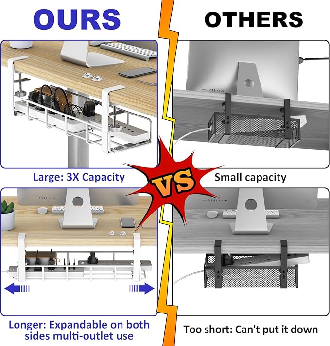 Under Desk Cable Management Tray, 15.7'' No Drill Steel Cable Tray Organizers, Wire Management Tray Cable Rack with Clamp Mount, Metal Under Desk Tray with Wire and Cord Organizer White（1pack