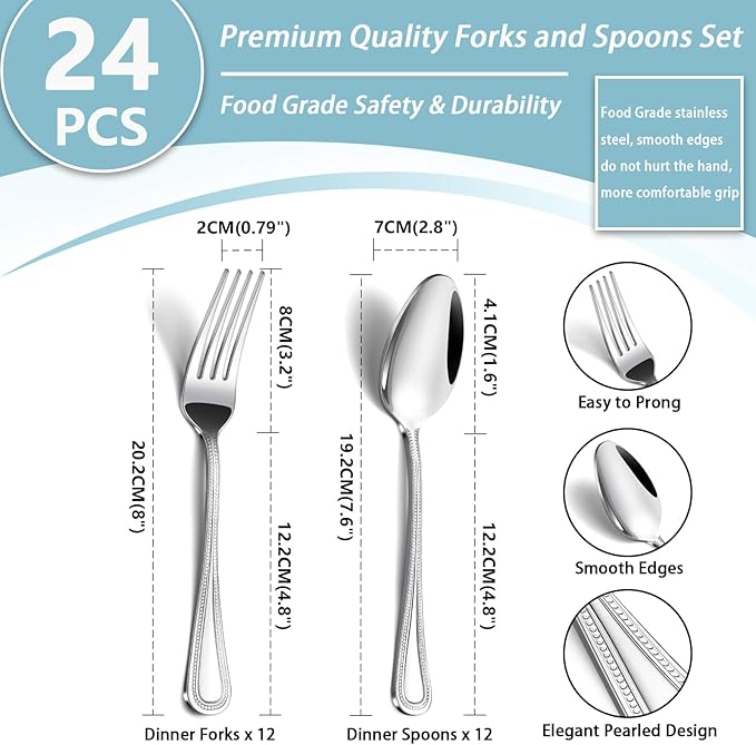 24 PCS Spoons and Forks Set, Food Grade Stainless Steel with Pearl Dot Design Handle Silverware Set, Mirror Polished Dishwasher Safe, Silverware Forks and Spoons for Home or Restaurant