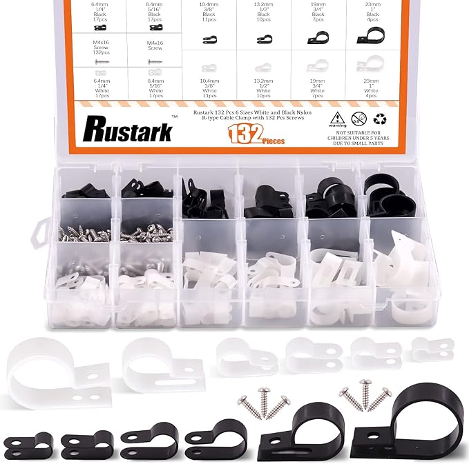 132 Pcs 6 Sizes White and Black Nylon R-Type Cable Clamp Cable Organizer Cord Fasteners Screw Mounting Electrical Grip Wire Clips with 132 Pcs Screws for Wire Management (Black and White)