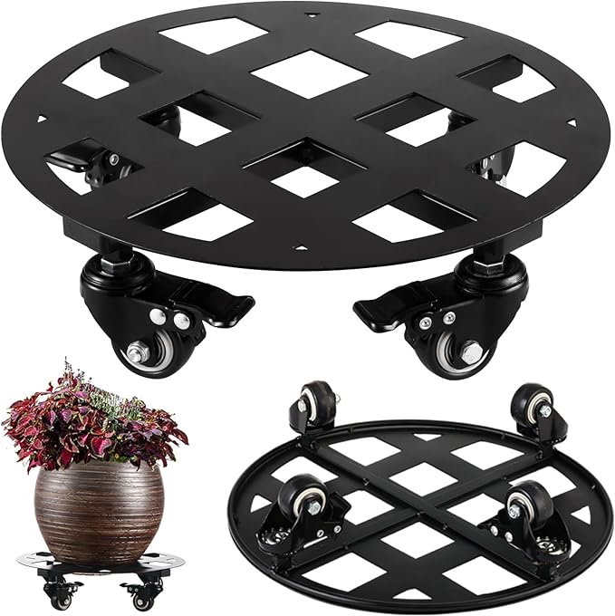 1 Pack 13.6 inches Large Metal Plant Caddy with Wheels Heavy-Duty Round Plant Stands with Casters Indoor Outdoor Flower Pot Mover Roller Base Garden Dolly Coasters Black, Strong Load Capacity
