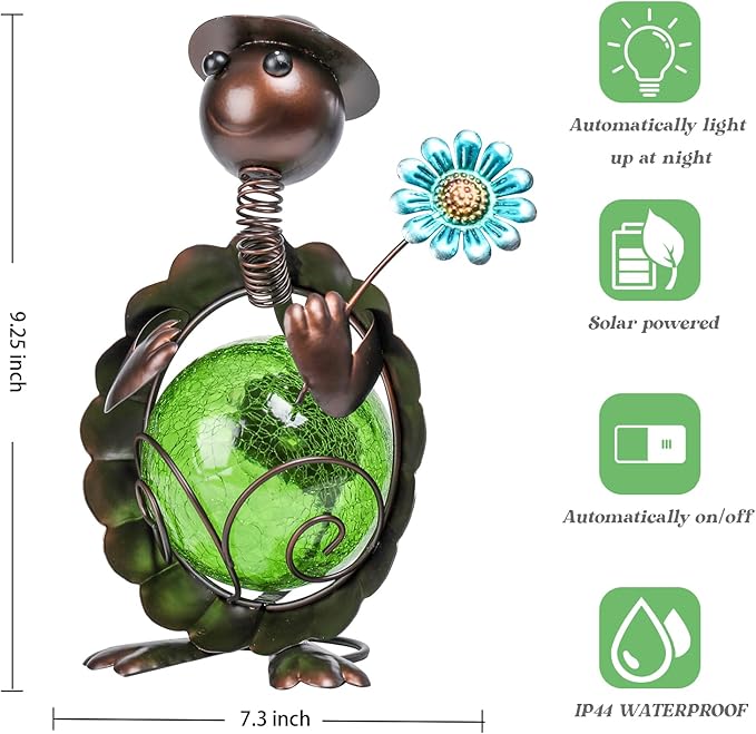 MUMTOP Turtle Garden Decor, Turtle Solar Lights Outdoor Decorative Waterproof with Crackle Glass Globe and Flower Yard Ornaments for Tabletop Outside Garden Lawn Outside Porch Home Decorations