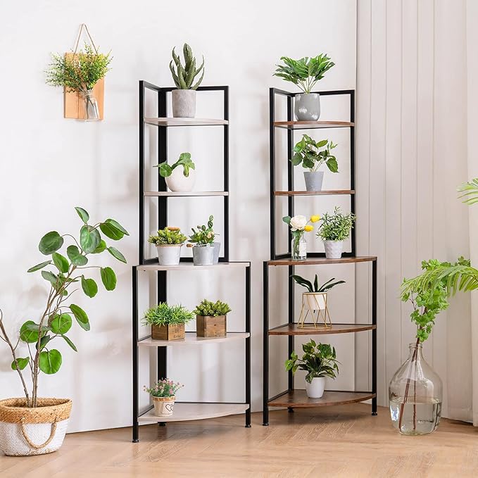 Apicizon 5 Tier Corner Shelf, Industrial Corner Bookshelf with Metal Frame, Rustic Corner Storage Rack Shelves Display Plant Flower, Stand Bookcase for Home Office, Small Place, Kitchen, Rustic Brown