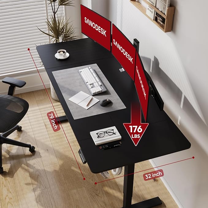 SANODESK Standing Desk Height Adjustable Electric Stand up Desk 79x32 Inches Sit Stand Home Office Desk with Splice Board, Black Frame/Black Top