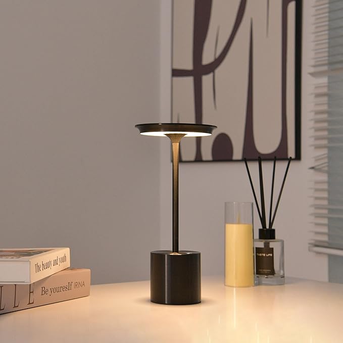 Cordless Table Lamp, Portable Rechargeable 6000mAh Outdoor Table Lamp, 3 Color Stepless Dimming Battery Powered Lamp, LED Table Light for Dinner/Restaurant/Outdoor (Black)