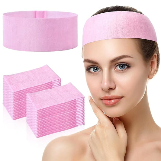 Waydress 140 Pieces Disposable Spa Facial Headbands with Convenient Closure, Stretch Facial Headwraps Soft Skin Care Hair Band for Women Salons (Pink)
