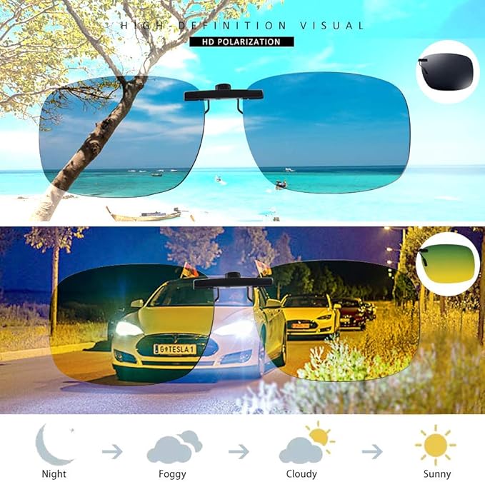 Night Driving Glasses and sunglasses Clip-On, Polarized Glare Reduce, High Definition Vision