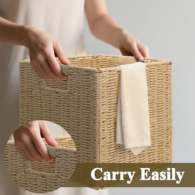 Wicker Storage Baskets for Organizing, 3 Pack Rustic Foldable Square Basket for Shelves, Handwoven Cubby Organizer Bins for Home Decor, Small Cube Storage Bin for Closet Organization (Natural 11 inch)