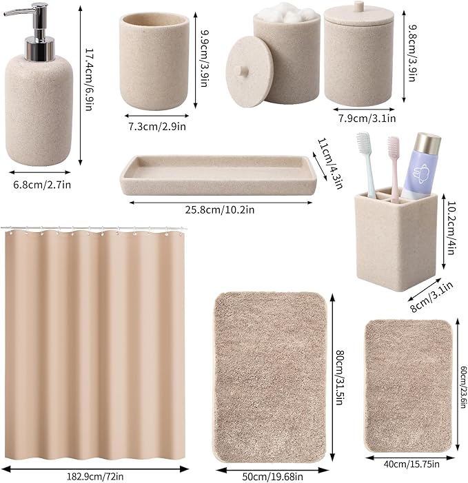 21 Pcs Bathroom Accessory Set with Waterproof Shower Curtain and Non Slip Mat,Resin Bath Set with Toothbrush Holder and Lotion Soap Dispenser,Bathroom Countertop Organizer Set for Home Apartment