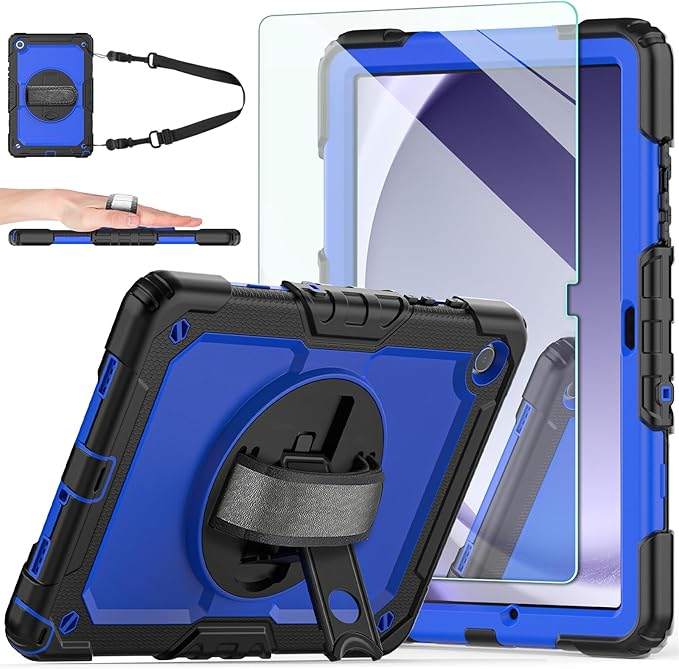 Ambison Case for Samsung Galaxy Tab A9+ Plus 11'' 2023, [Kids Proof] Full Body Protective Case with 9H Tempered Glass Screen Protector, 360° Rotatable Kickstand & Hand Strap (Blue)