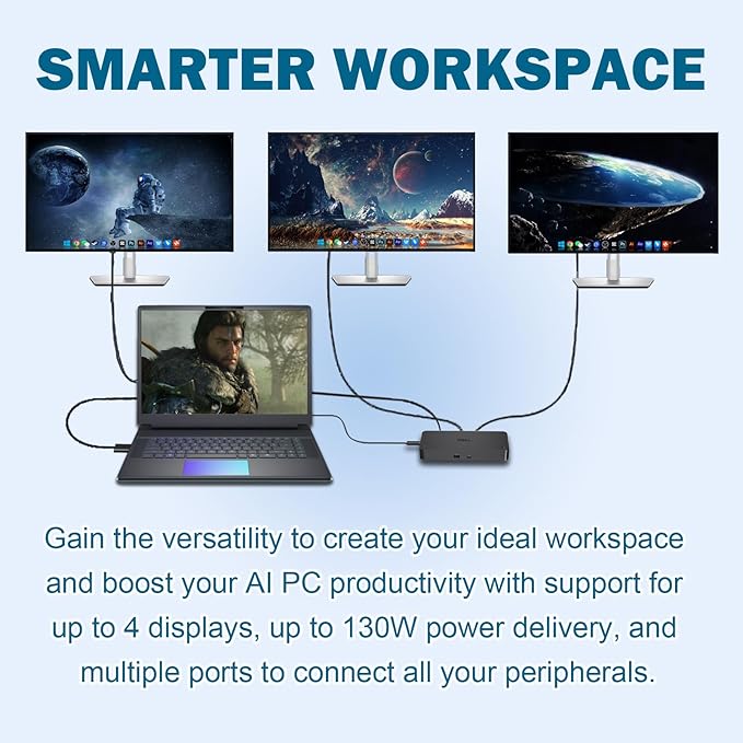 Dell Pro Smart SD25 Docking Station, Performance Dock Support for up to 4 displays - 3 Year Warranty, SD25 with 180W Power Adapter + 130W Power Delivery + HDMI Cable
