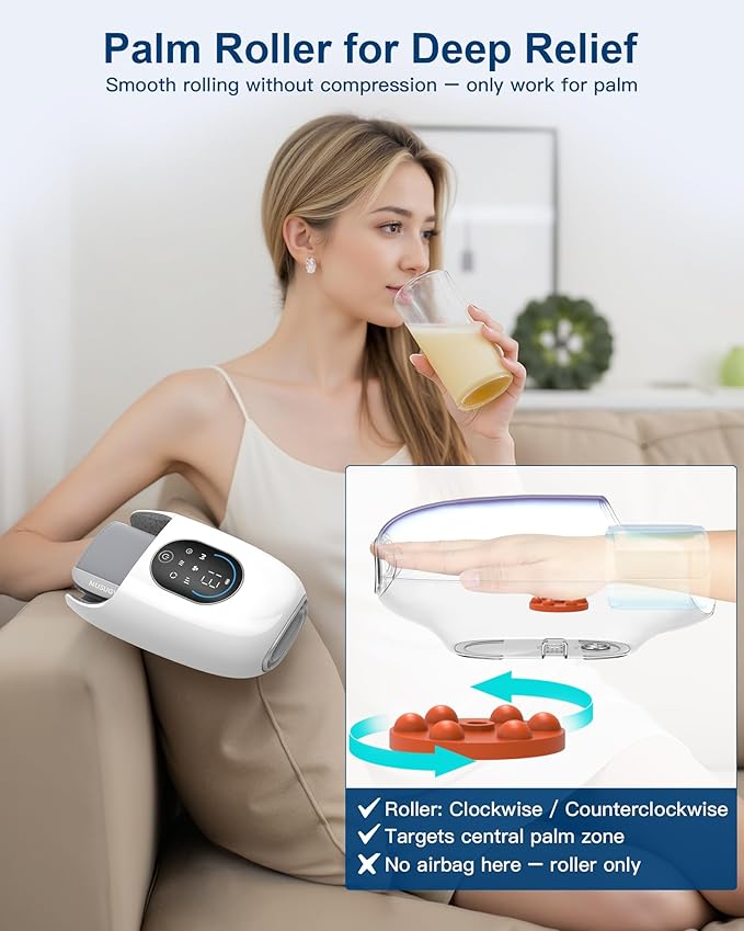 Hand Massager with Heat and Compression : Full-Hand and Wrist Coverage with Touchscreen & Palm Roller – Designed for Daily Comfort at Home, Office, or Travel