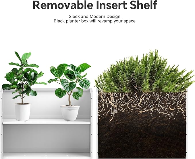 Heavy-Duty Galvanized Steel Planter with Removable Insert Shelf & 4 Drainage Holes - 32x12x24 Inches Large Size Outdoor/Indoor Garden Pot, White