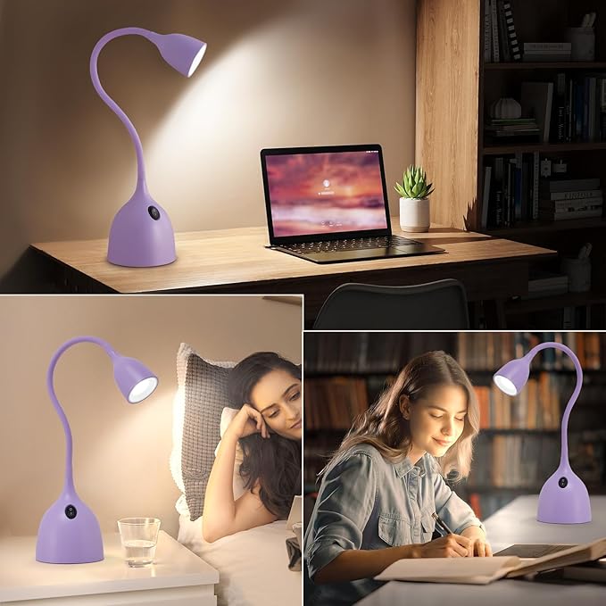 Gooseneck Desk Lamp 360° LED Flexible Reading Light Small Desk Lamps for Small Spaces Home Office Bedroom College Dorm Desk Bookshelf Nightstand Table Lamp (Purple)